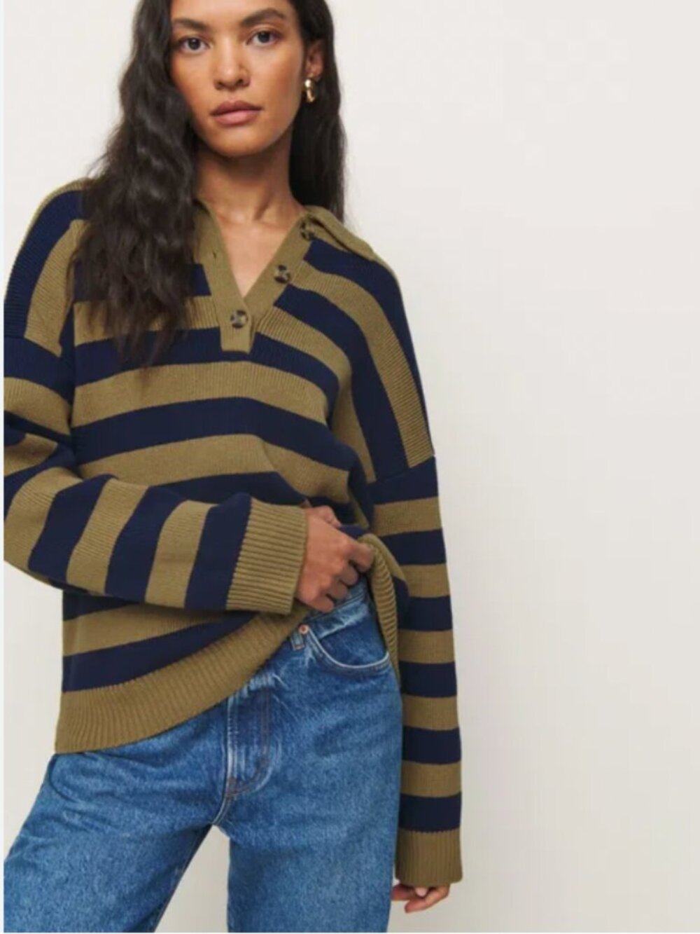 NWT REFORMATION Brooklyn Cotton Polo Sweater, Bronze Navy Stripe, size S